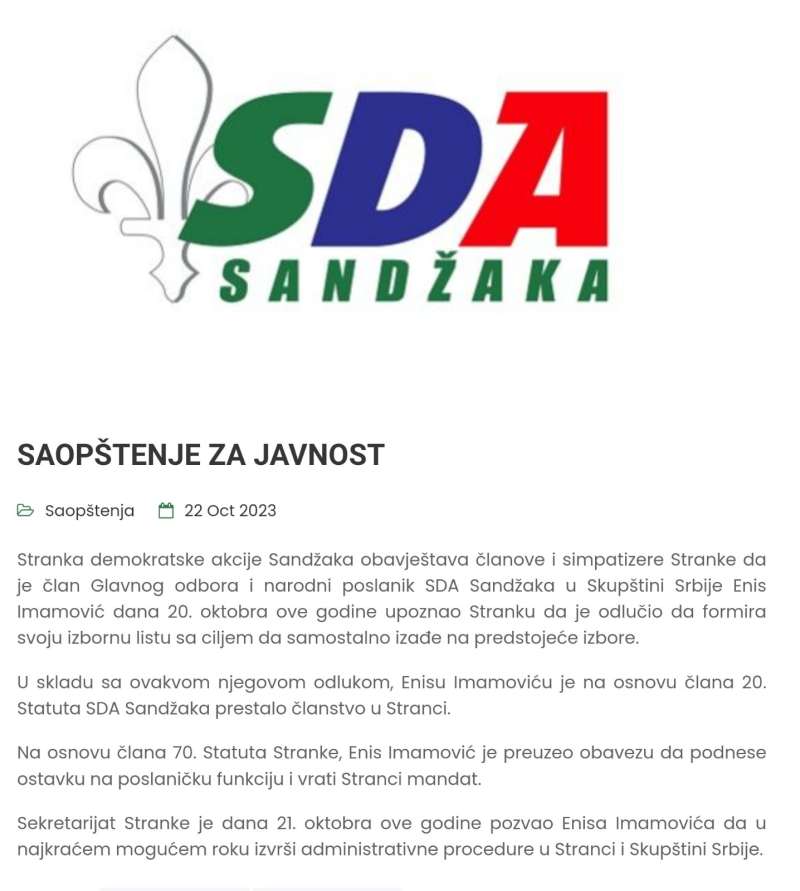 -Saopštenje SDA Sandžaka-