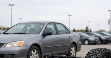 Stariji polovni automobil, kutija sa alatom i zimska guma na neutralnoj pozadini