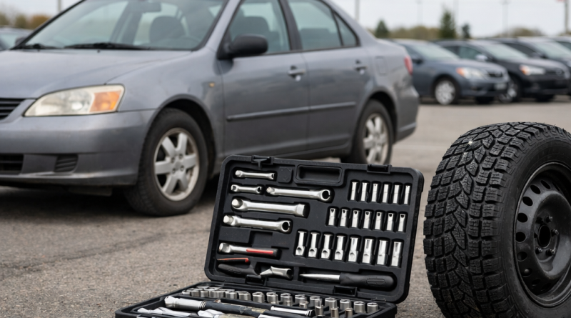 Stariji polovni automobil, kutija sa alatom i zimska guma na neutralnoj pozadini